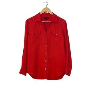 Tommy Bahama Women’s XS Red Long Sleeves Button Up Linen Blouse Shirt Pockets